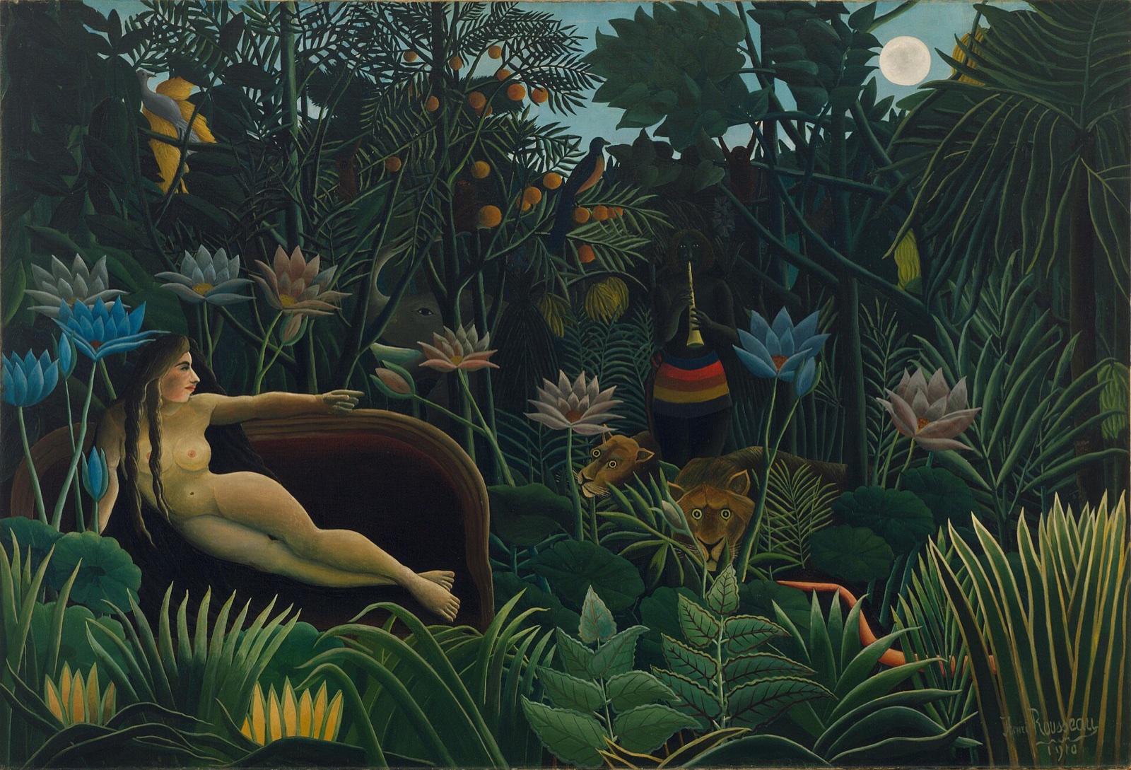 The Dream, by Henri Rousseau: a nude woman on a sofa in a jungle of giant leaves and flowers, with two lions looking out.