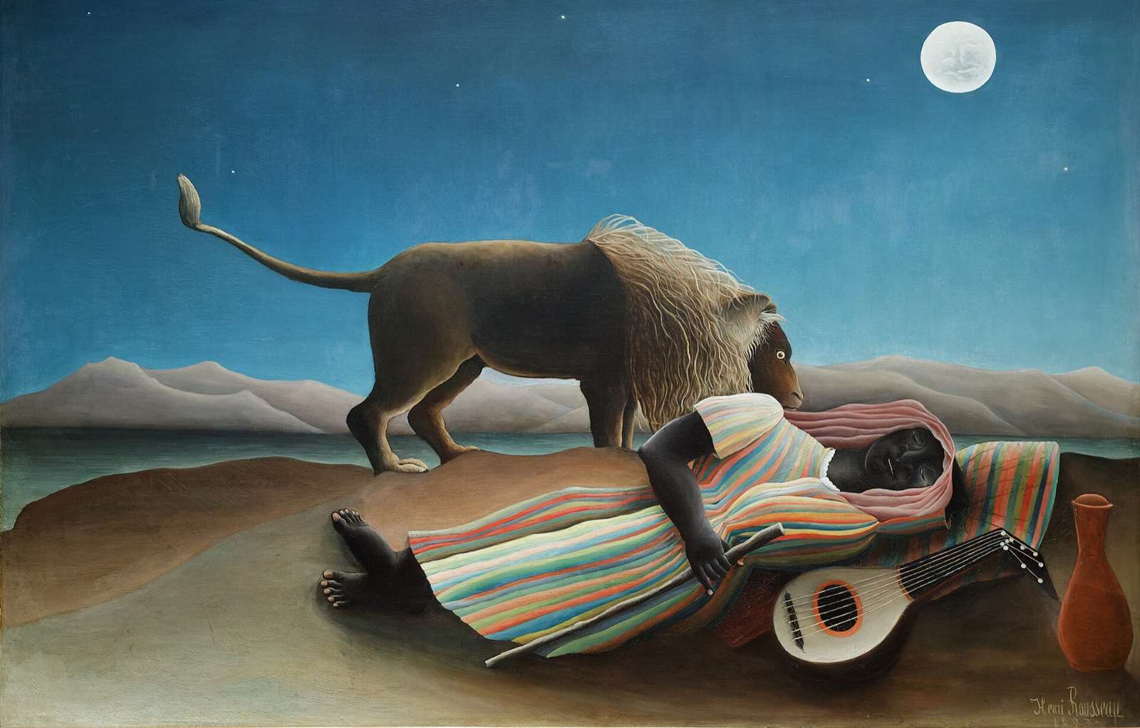 The Sleeping Gypsy, by Henri Rousseau: a woman sleeps on the sand beside a mandolin and a jar while a lion stands over her under the moon.