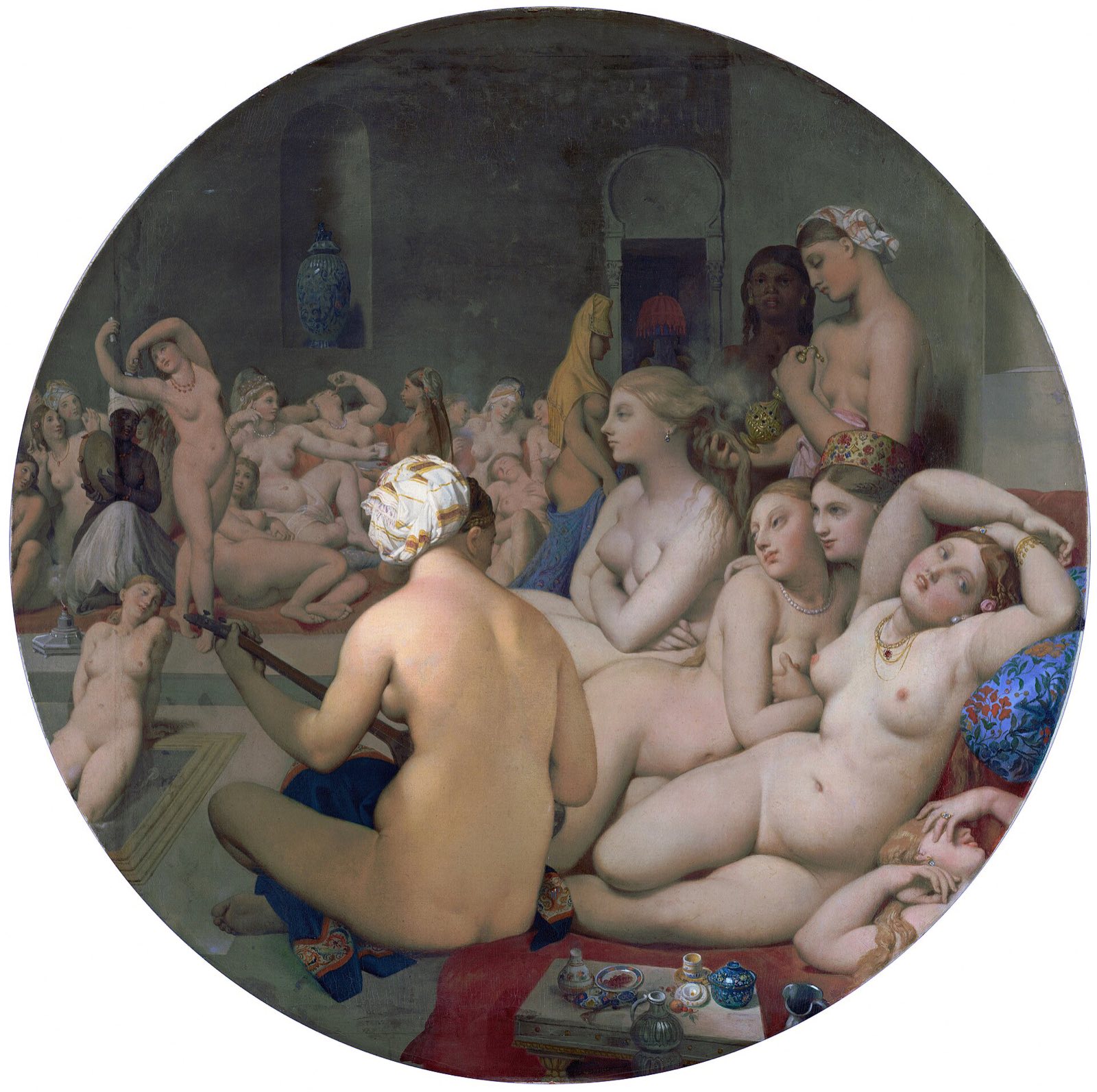 The Turkish Bath, by Ingres: a round painting crowded with bathers.