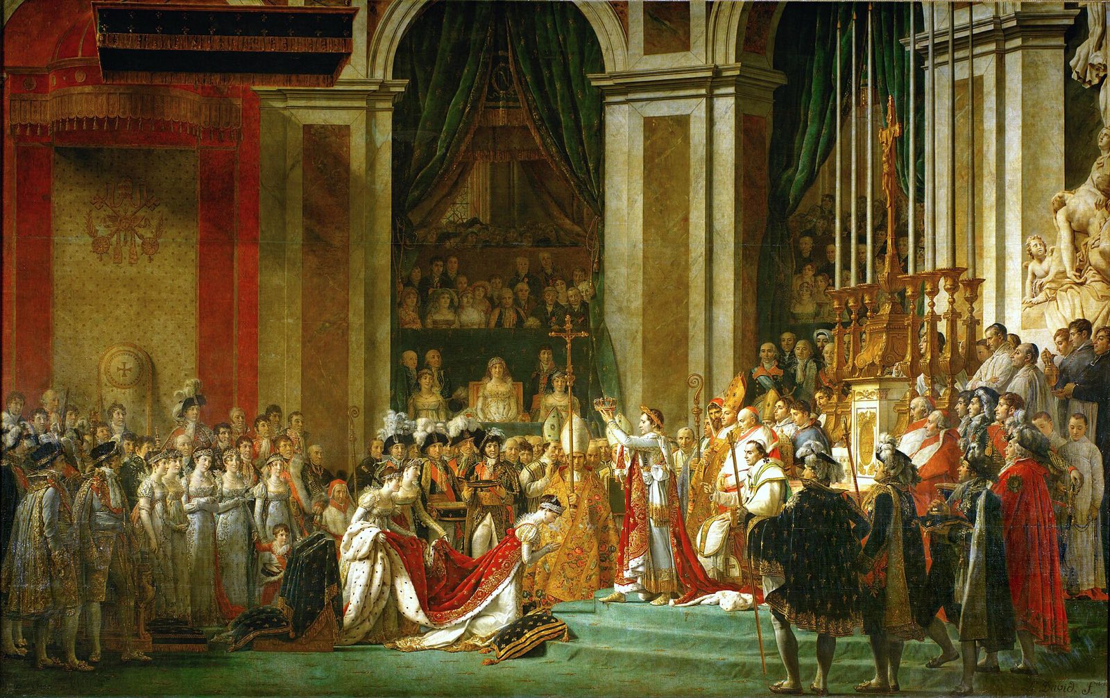 The Coronation of Napoleon, by David: Napoleon raising a crown over the kneeling Josephine in Notre-Dame.