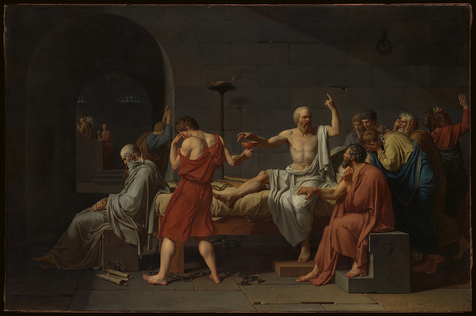 The Death of Socrates, by David: the philosopher, seated on his bed with one finger raised, reaches for the cup of hemlock among his grieving followers.