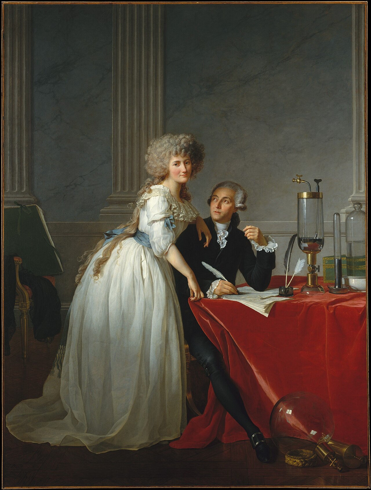 Antoine-Laurent Lavoisier and His Wife, by David: the chemist at his desk among glass instruments looks up at his wife, who leans on his shoulder.