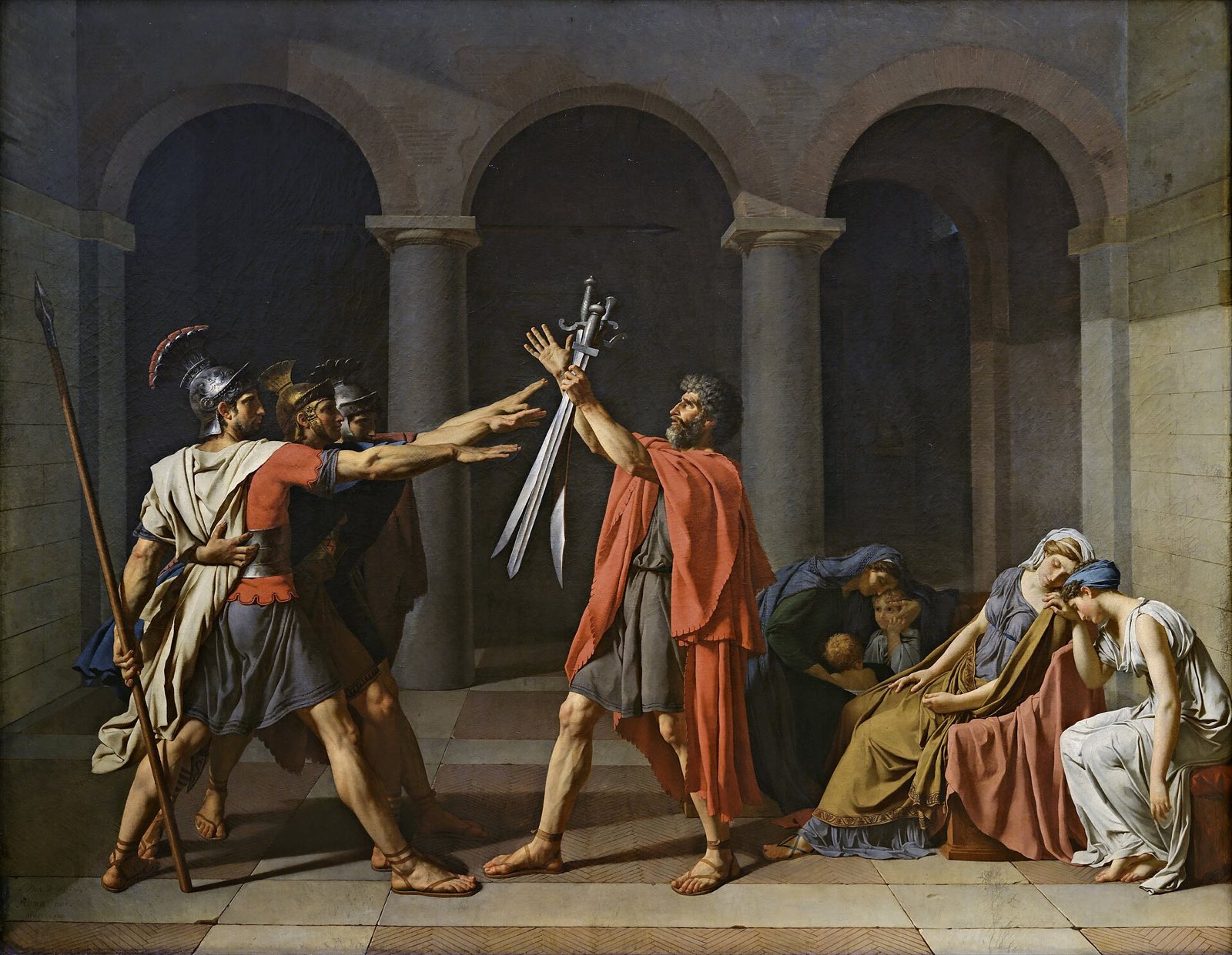 The Oath of the Horatii, by David: three brothers stretching their arms towards the swords their father holds.