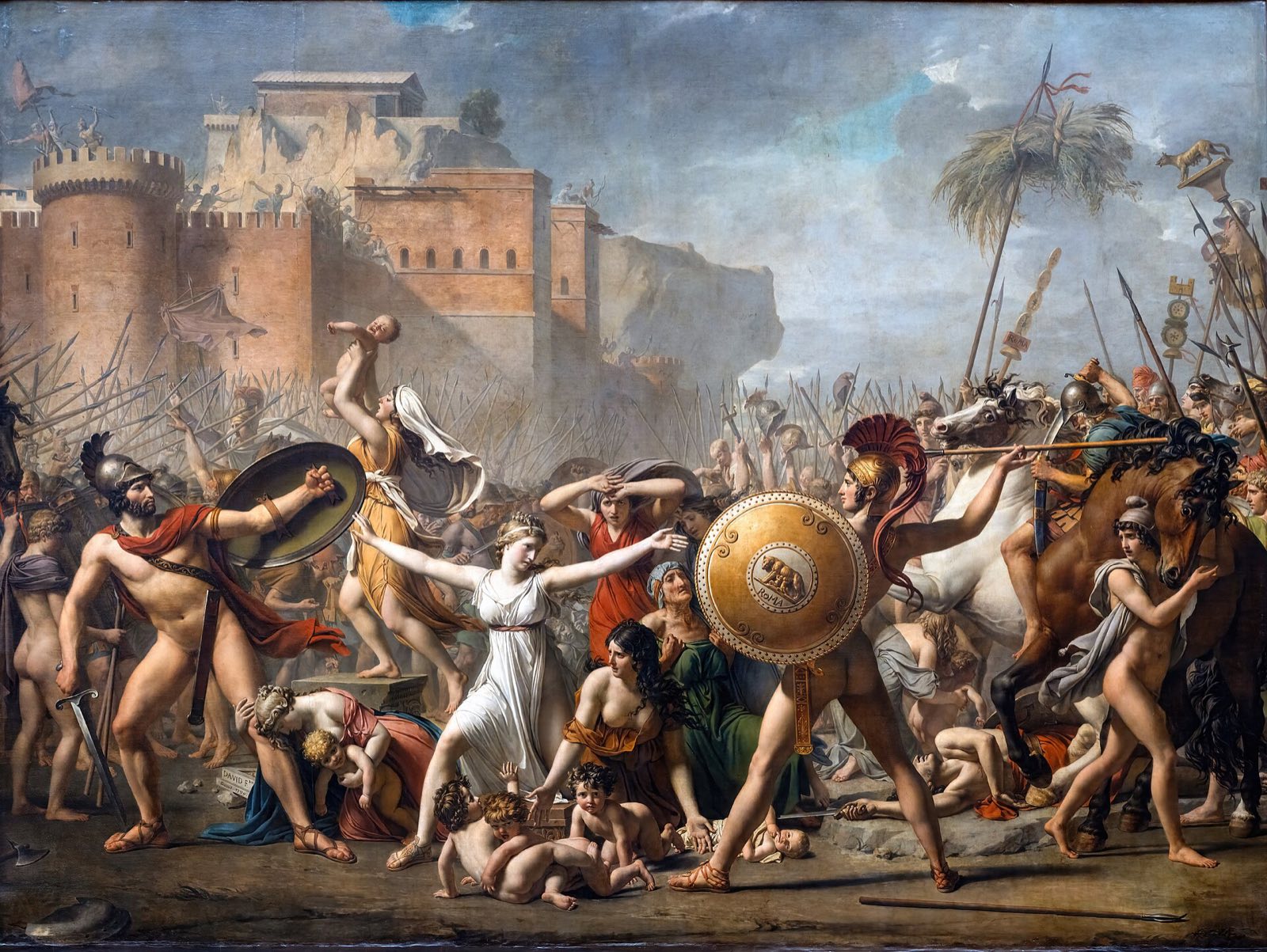 The Intervention of the Sabine Women, by David: a woman in white standing between two armed warriors.