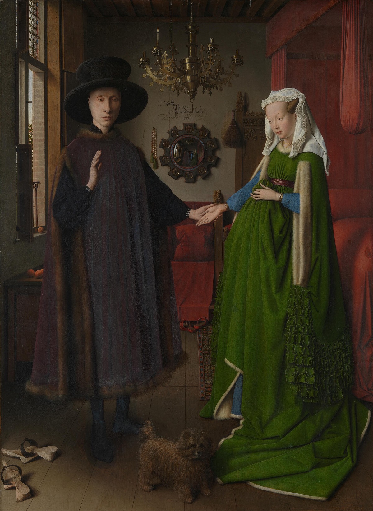 The Arnolfini Portrait, by Jan van Eyck: a merchant and his wife hand in hand in a room, with a round mirror behind them.