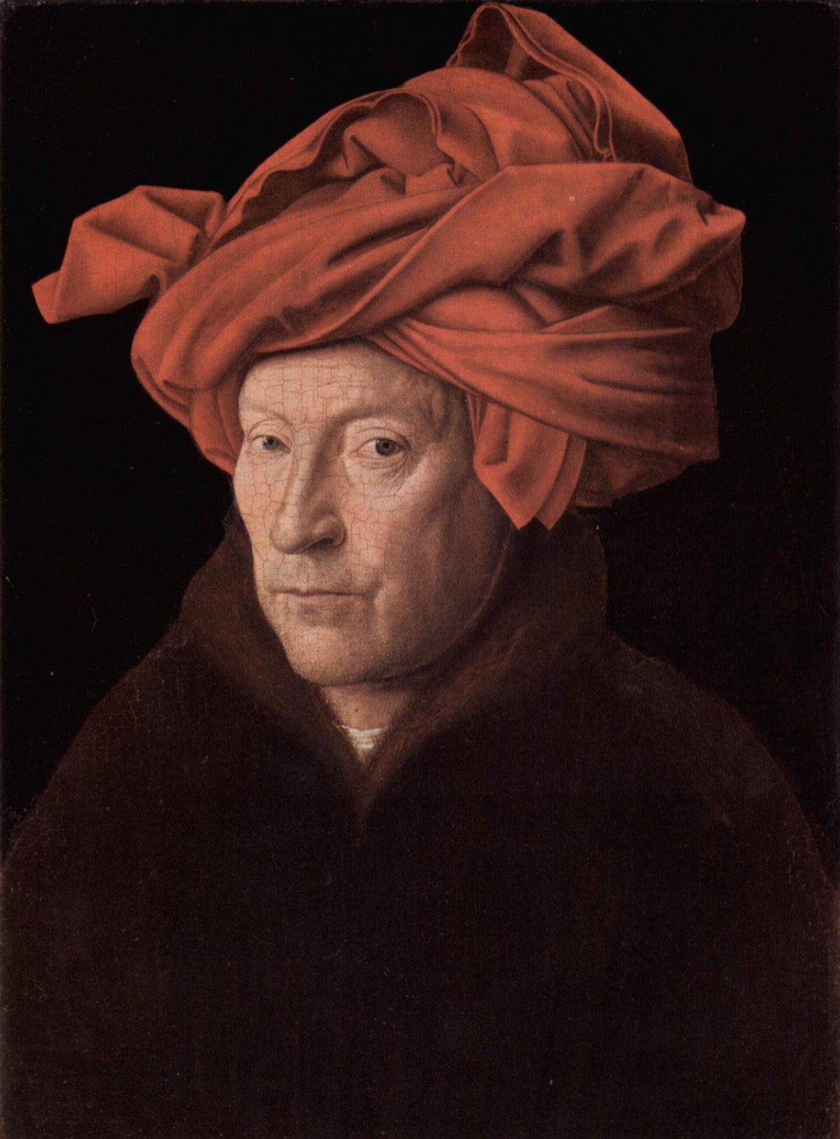 Portrait of a Man, by Jan van Eyck: a man in a red headdress wound like a turban.