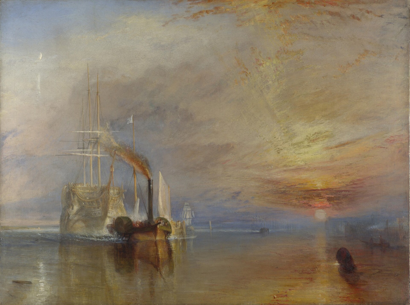 The Fighting Temeraire, by Turner: a pale old warship towed by a dark steam tug under a red sunset.