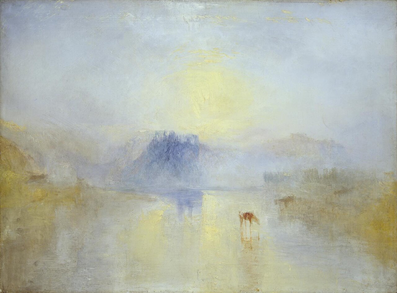 Norham Castle, Sunrise, by Turner: a blue shadow of a castle in yellow light, with a cow at the water's edge.