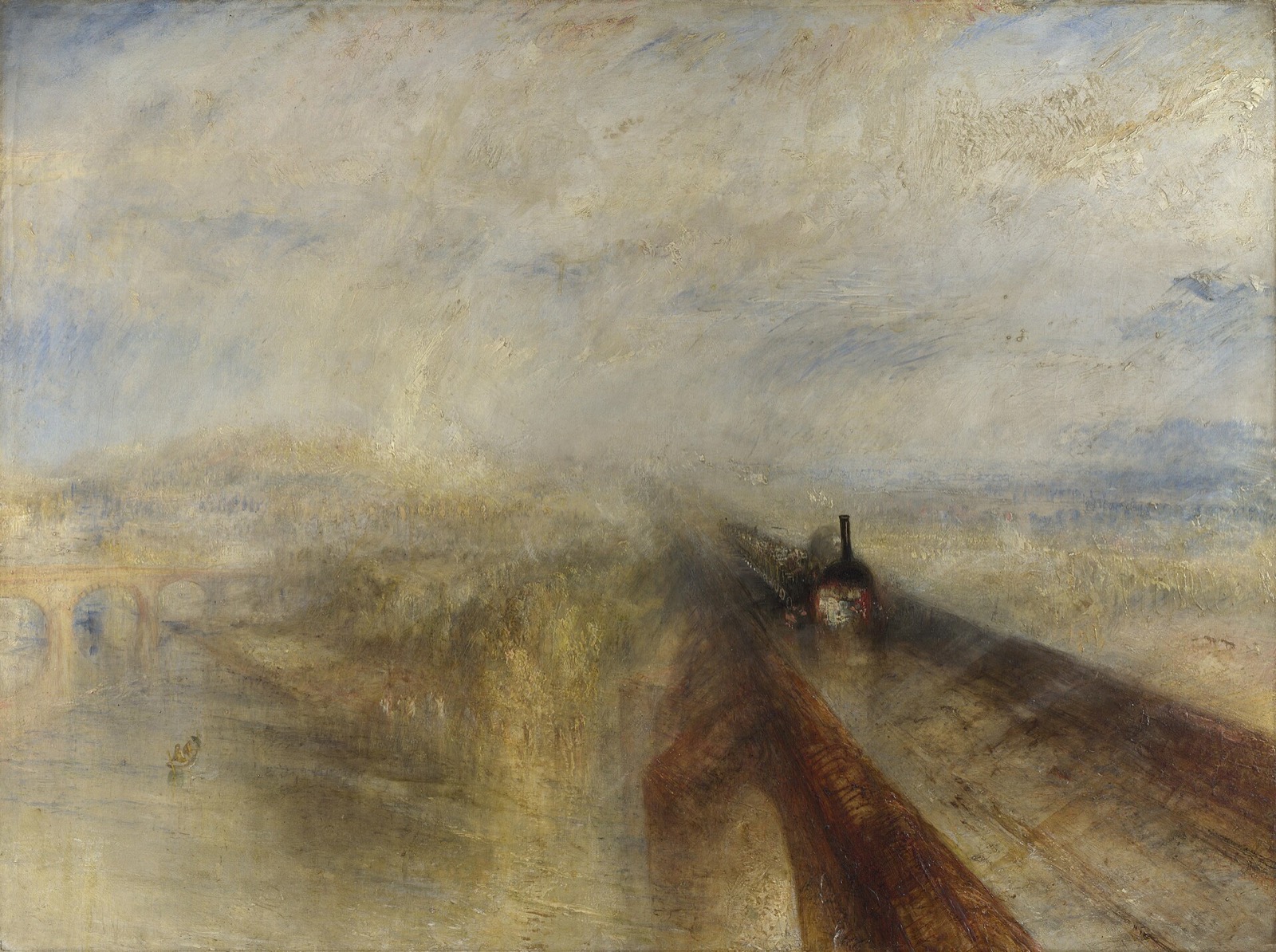Rain, Steam and Speed, by Turner: a train crossing a bridge towards us through rain and mist.