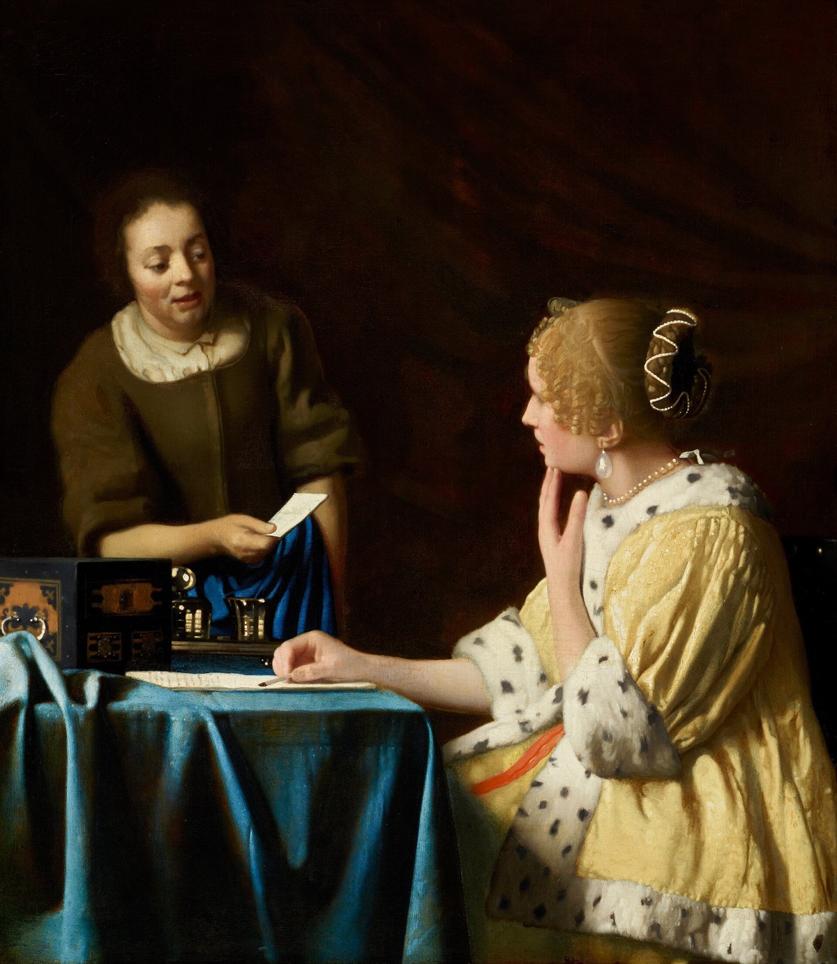 Mistress and Maid, by Vermeer: a lady in a yellow jacket trimmed with fur looks up from her writing as her maid holds out a letter.