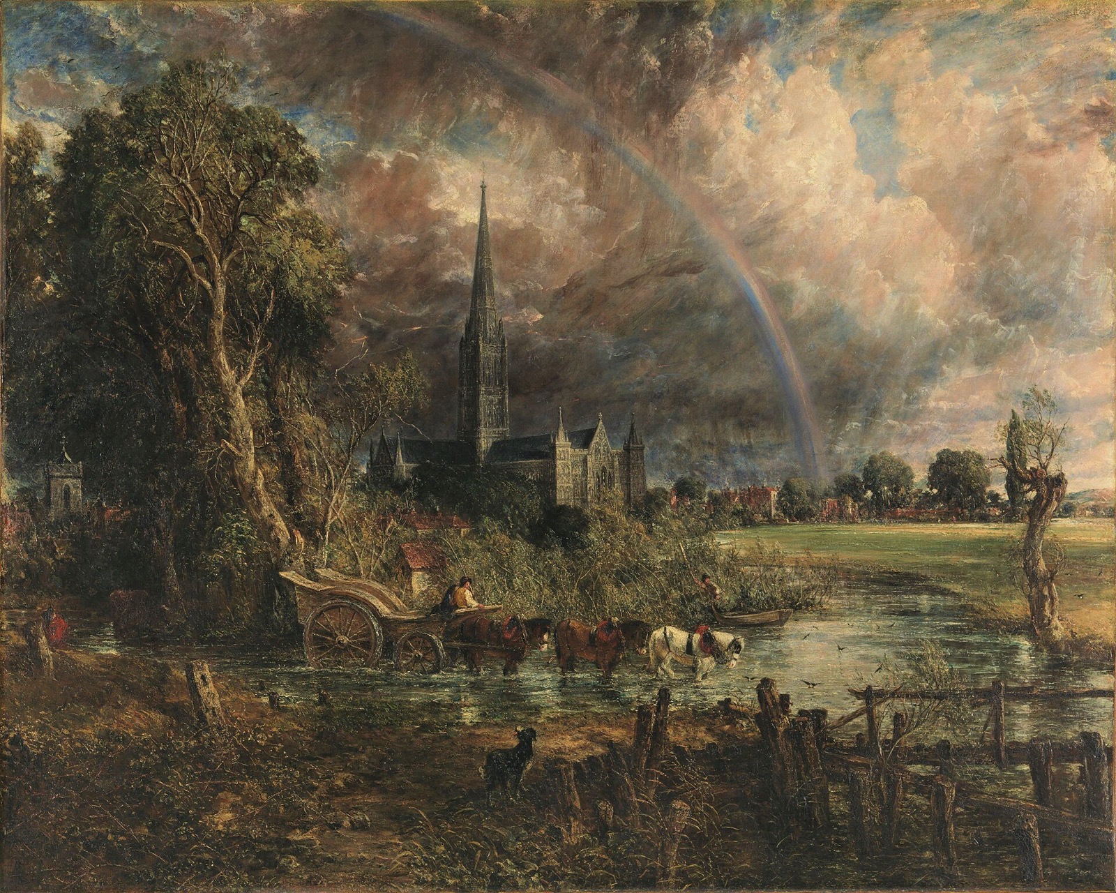 Salisbury Cathedral from the Meadows, by Constable: the spire under a storm, with a rainbow over it.