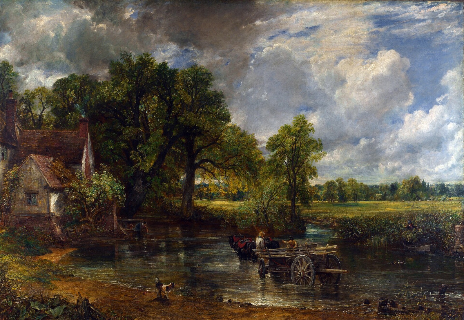 The Hay Wain, by Constable: a cart in a shallow river beside a white cottage, under piled clouds.