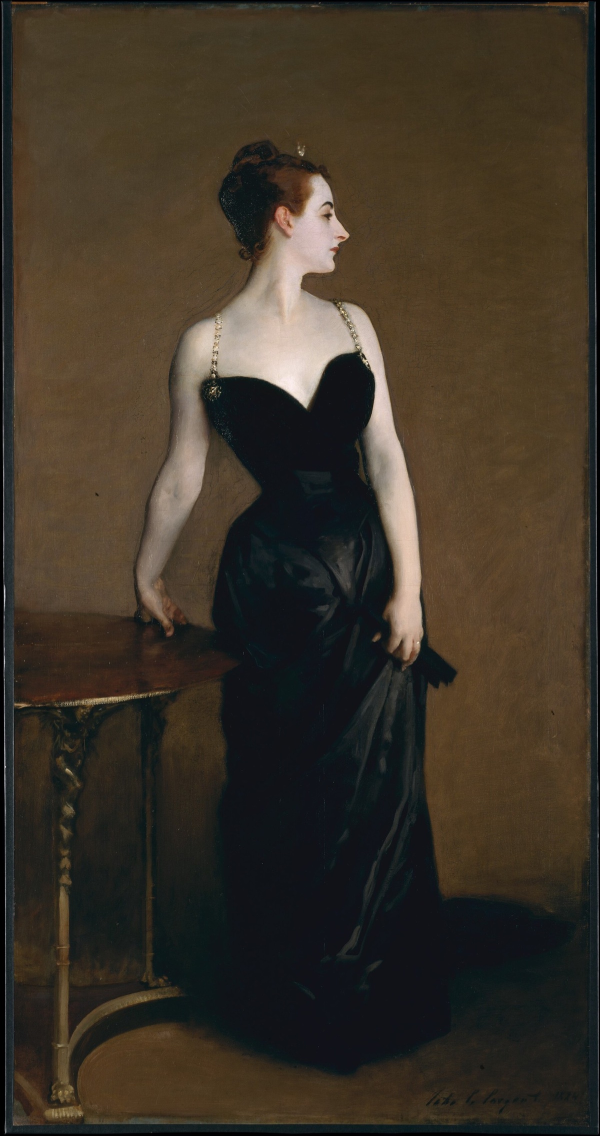 Madame X, by John Singer Sargent: a woman in a black satin dress stands in profile, one hand on a table.
