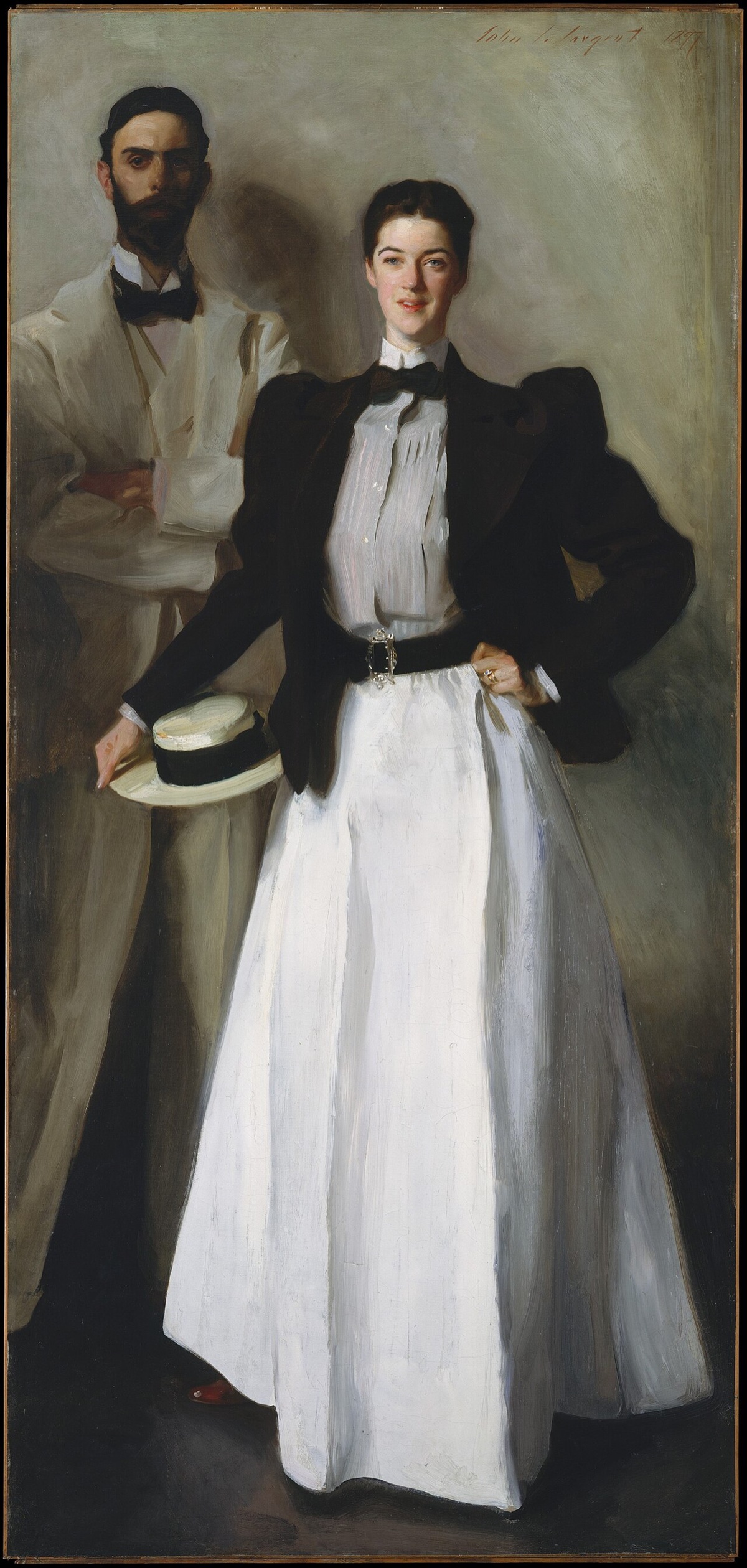 Mr. and Mrs. I. N. Phelps Stokes, by John Singer Sargent: a young woman in a white skirt with a straw hat at her hip, her husband in shadow behind her.