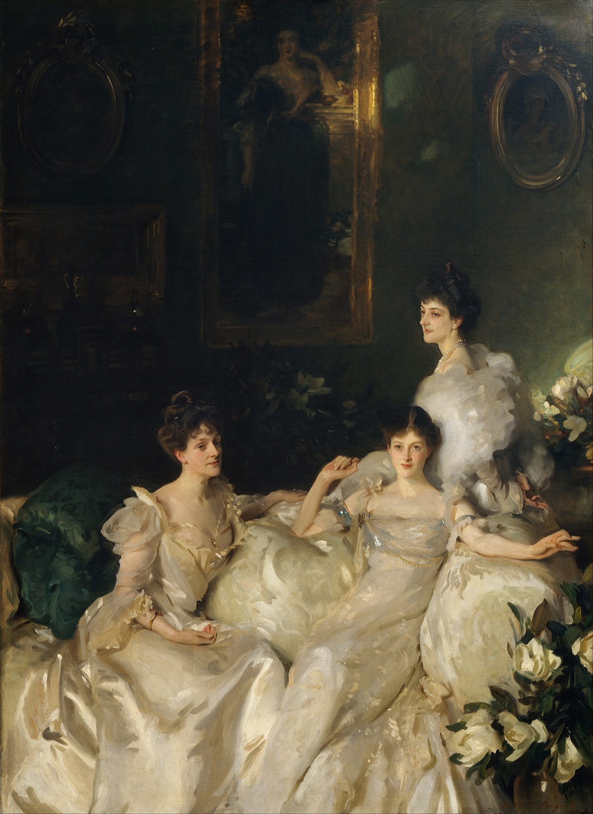 The Wyndham Sisters, by John Singer Sargent: three women in white on a sofa in a dark drawing room.
