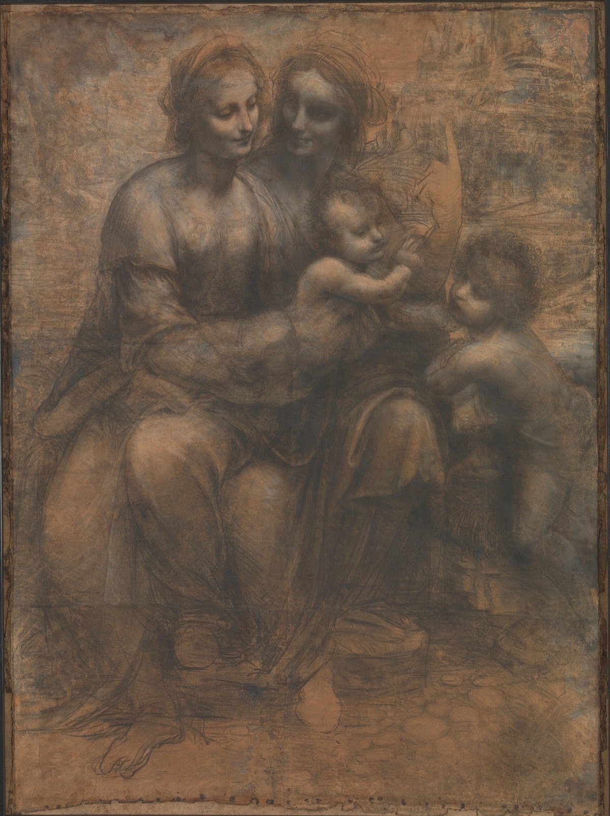 The Burlington House Cartoon, by Leonardo: the Virgin on her mother's lap with the two children, drawn in charcoal and chalk.