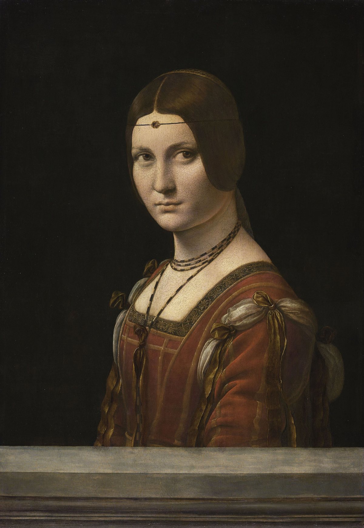 La Belle Ferronnière, by Leonardo da Vinci: a lady in a red dress, a jewel on her forehead, behind a parapet.