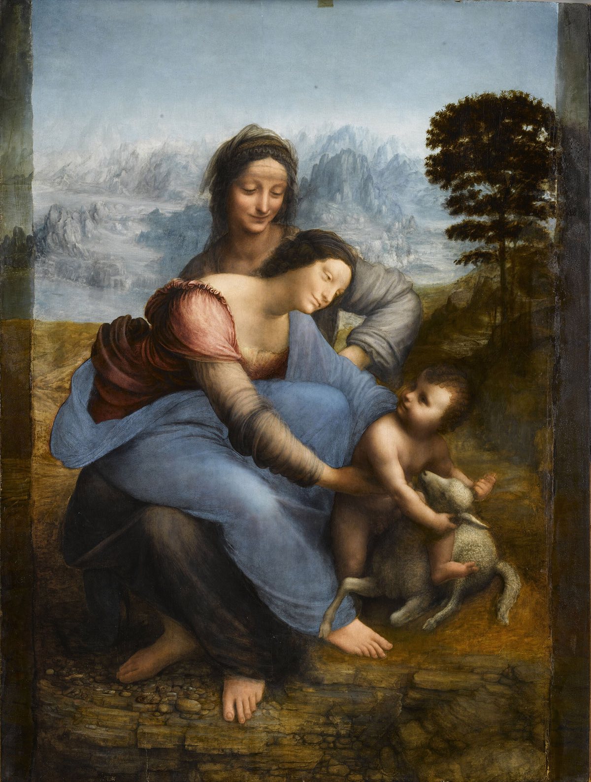 The Virgin and Child with Saint Anne, by Leonardo da Vinci: Mary on her mother's lap, reaching for the child, who holds a lamb.