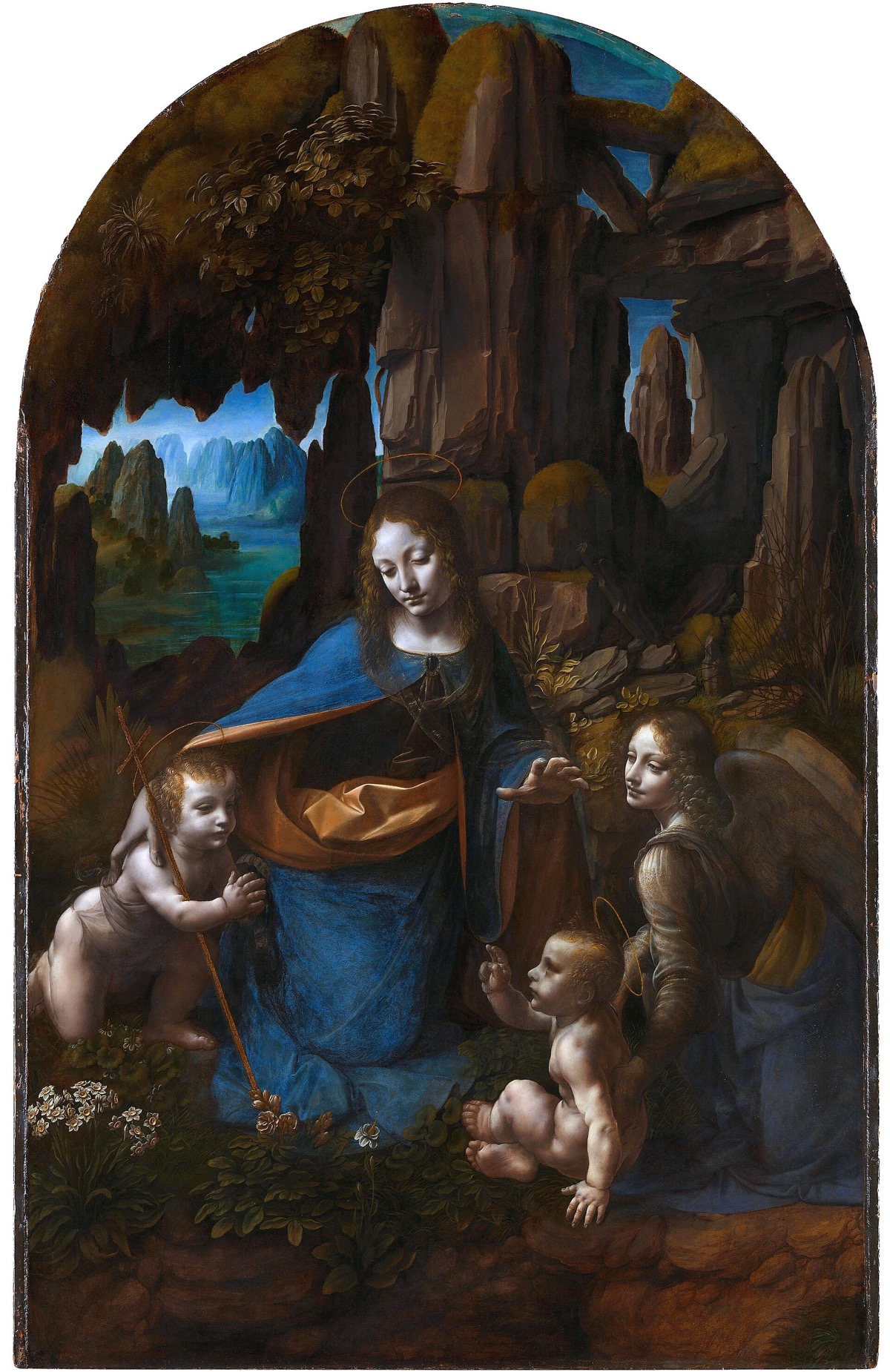 The Virgin of the Rocks, by Leonardo, in the National Gallery: the Virgin, two children and an angel in a cave of rocks.