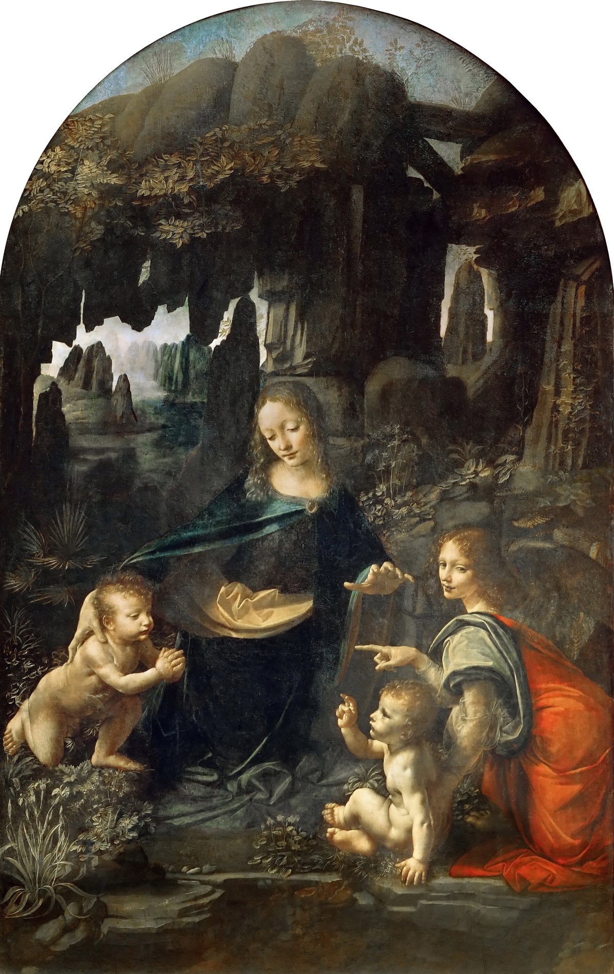 The Virgin of the Rocks, by Leonardo da Vinci: the Virgin, two infants and an angel in a rocky cave.