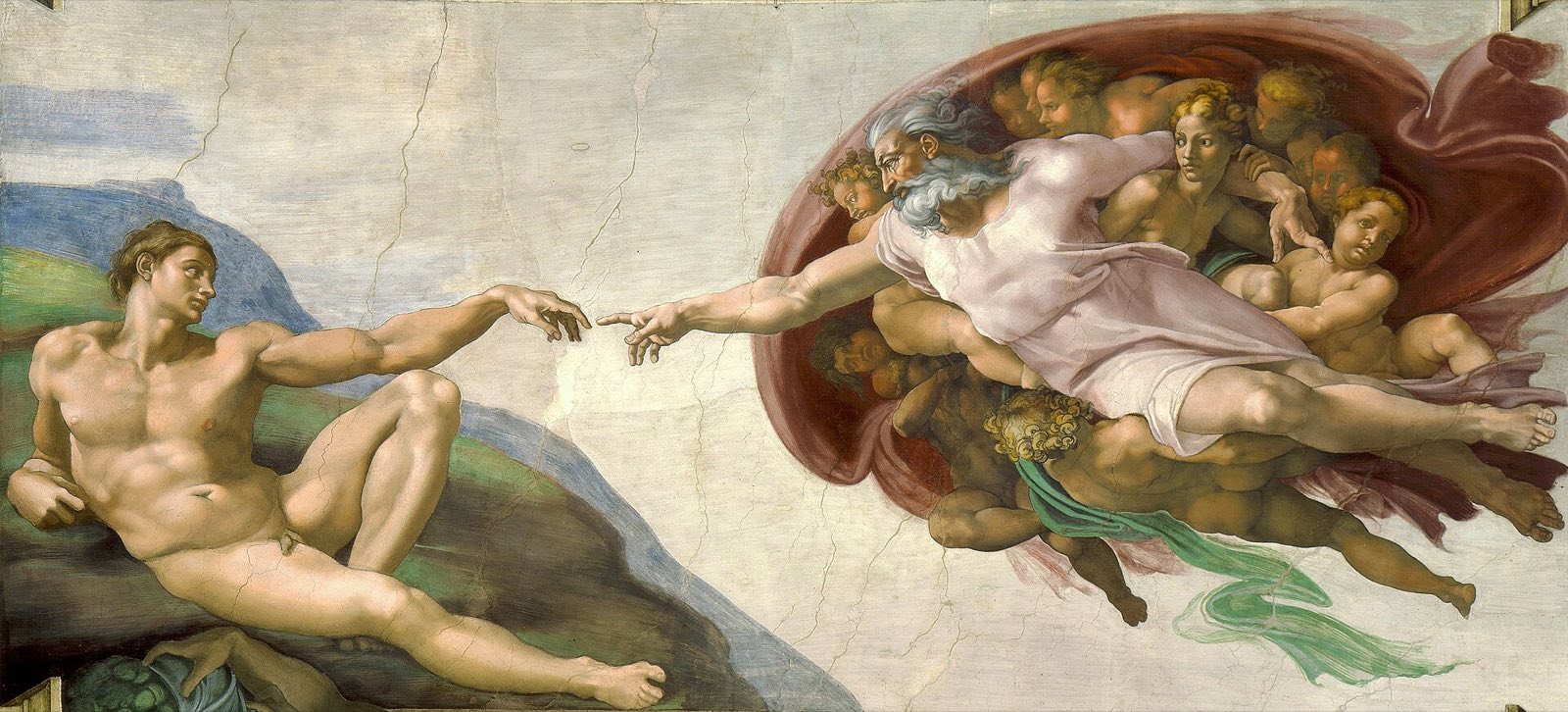 The Creation of Adam by Michelangelo, on the Sistine Chapel ceiling: the hands of God and Adam almost touching.