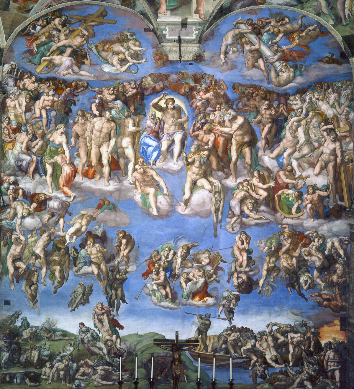 The Last Judgment by Michelangelo: Christ at the centre of a wall of rising and falling figures against a blue sky.