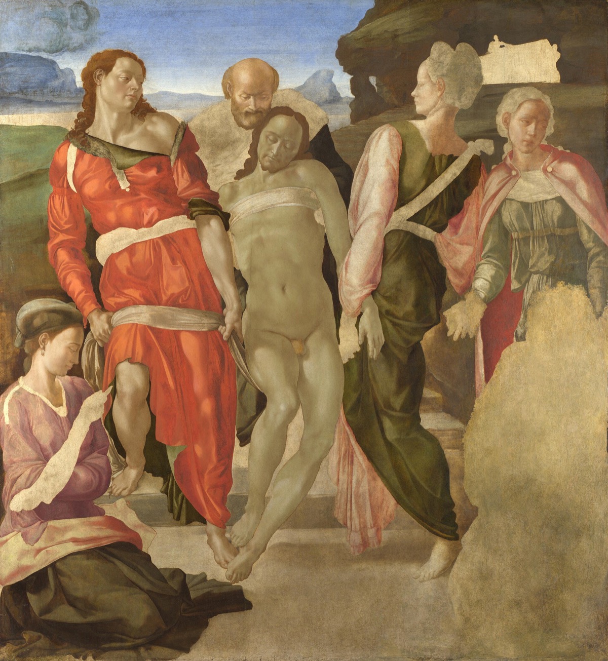 The Entombment, by Michelangelo: the dead Christ carried upright towards the tomb, with part of the picture left bare.