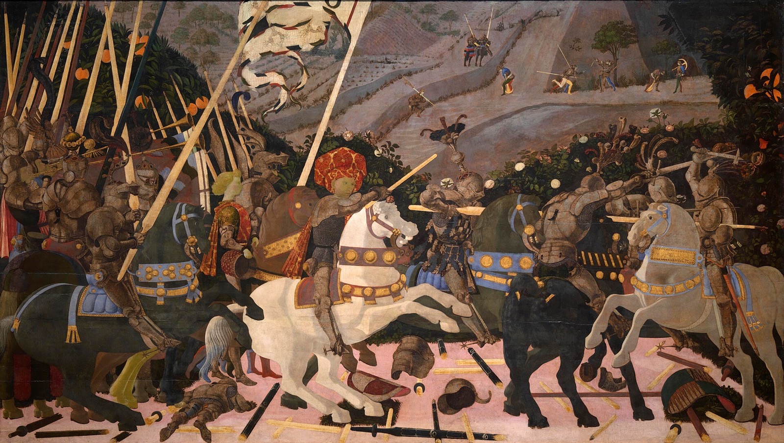 The Battle of San Romano, by Uccello, the London panel: a commander on a white horse leads a charge among lances.