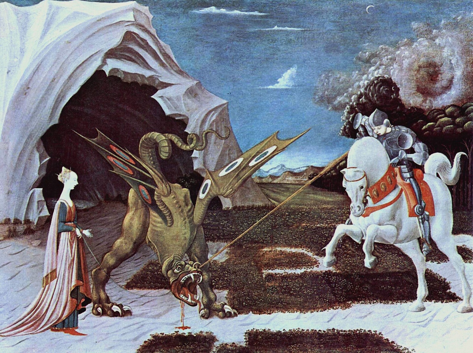 Saint George and the Dragon, by Uccello: the knight spears a dragon that the princess holds on a lead, before a cave.