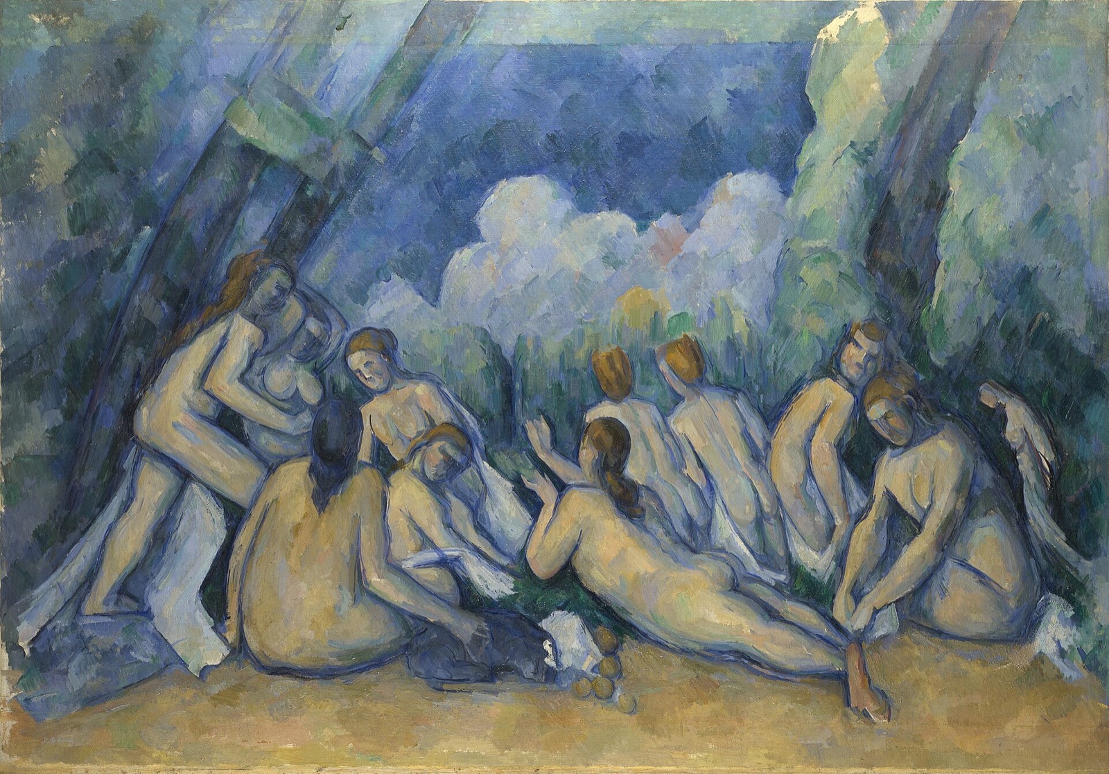 Bathers, by Cézanne, in the National Gallery: nude figures under leaning trees, built in blocks of blue and ochre.