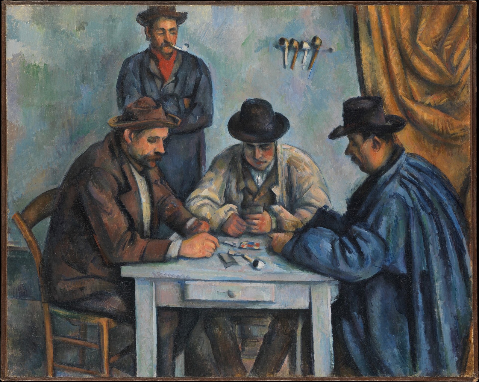 The Card Players, by Cézanne: three men in smocks play cards at a table while a fourth stands watching with a pipe.