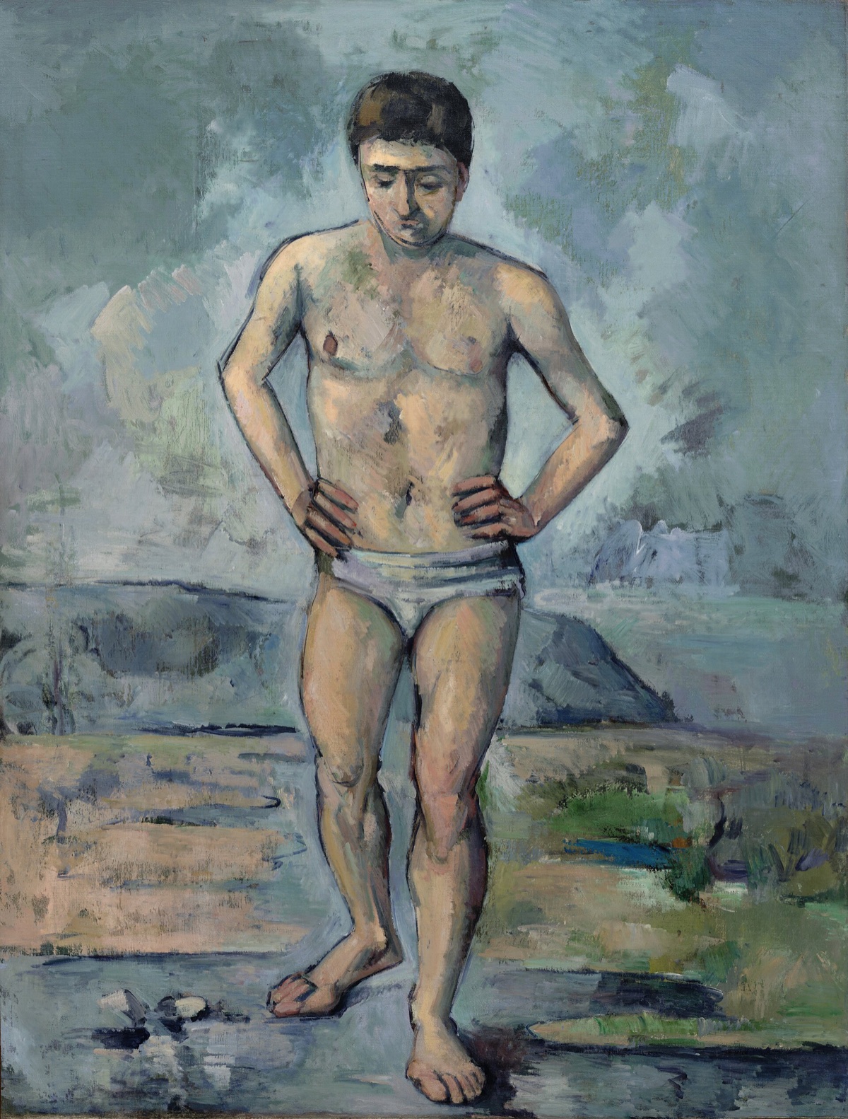 The Bather, by Cézanne: a young man in bathing drawers walks forward with his hands on his hips and his eyes lowered, before a bare landscape.