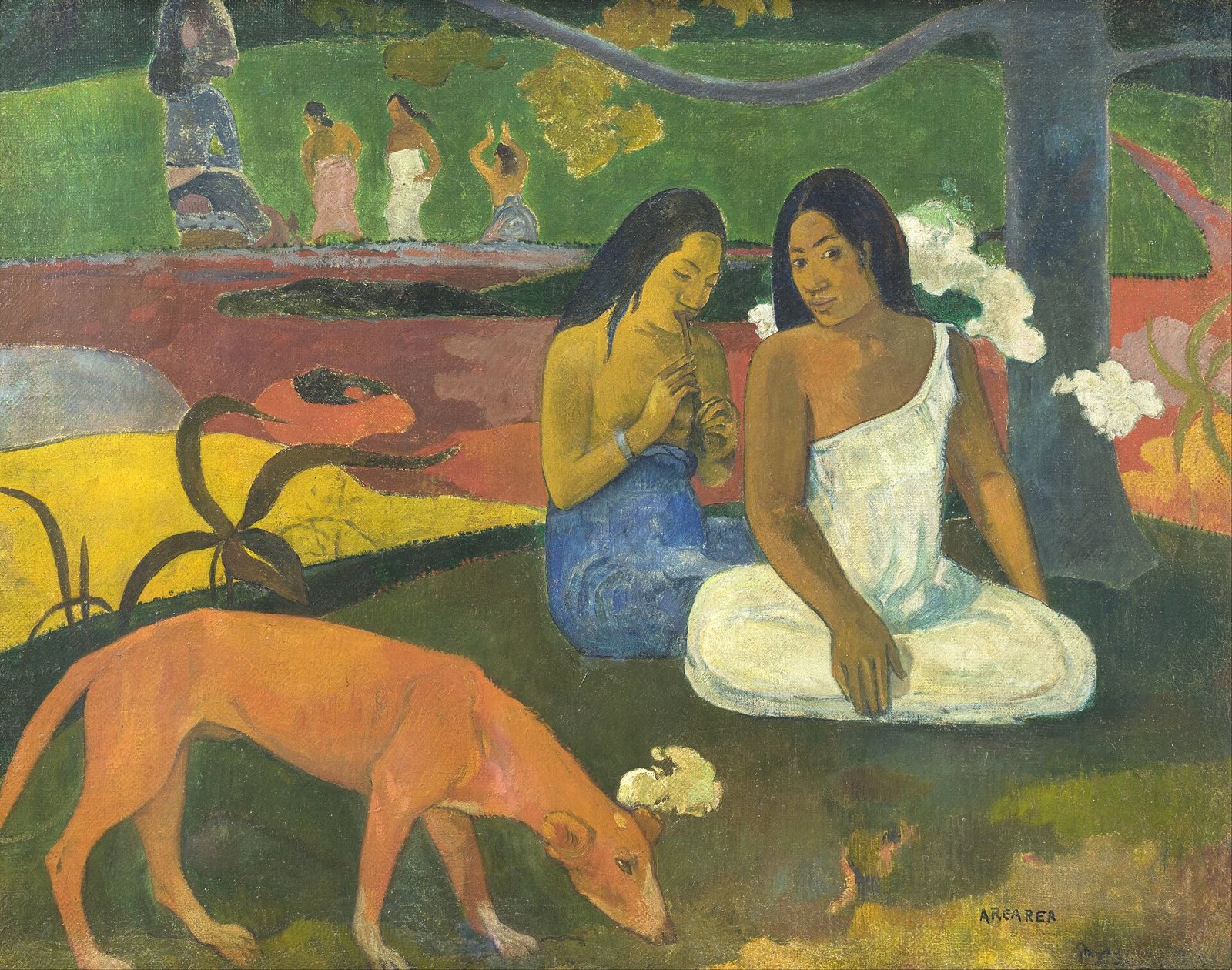 Arearea, by Gauguin: two Tahitian women seated by a tree, one playing a flute, a red dog in front.