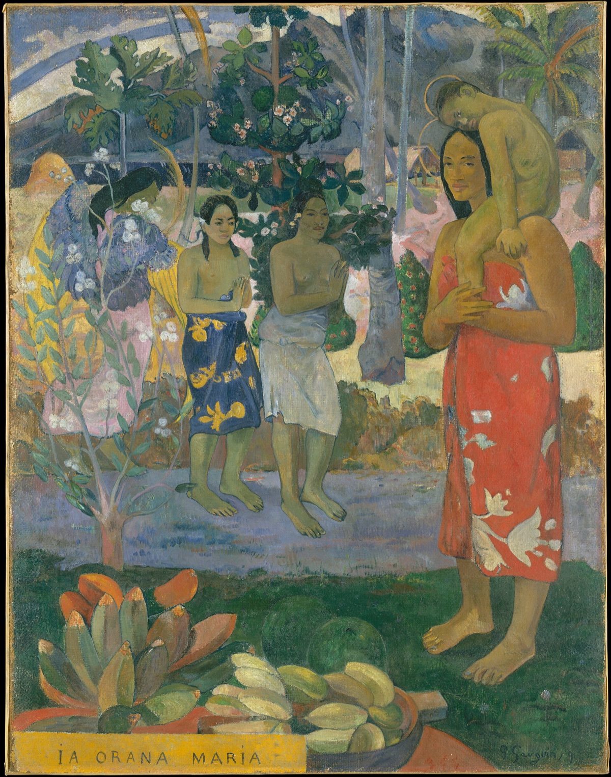 Ia Orana Maria, by Gauguin: a Tahitian woman in a red cloth carries a child on her shoulder, both with haloes, while two women greet them with joined hands.