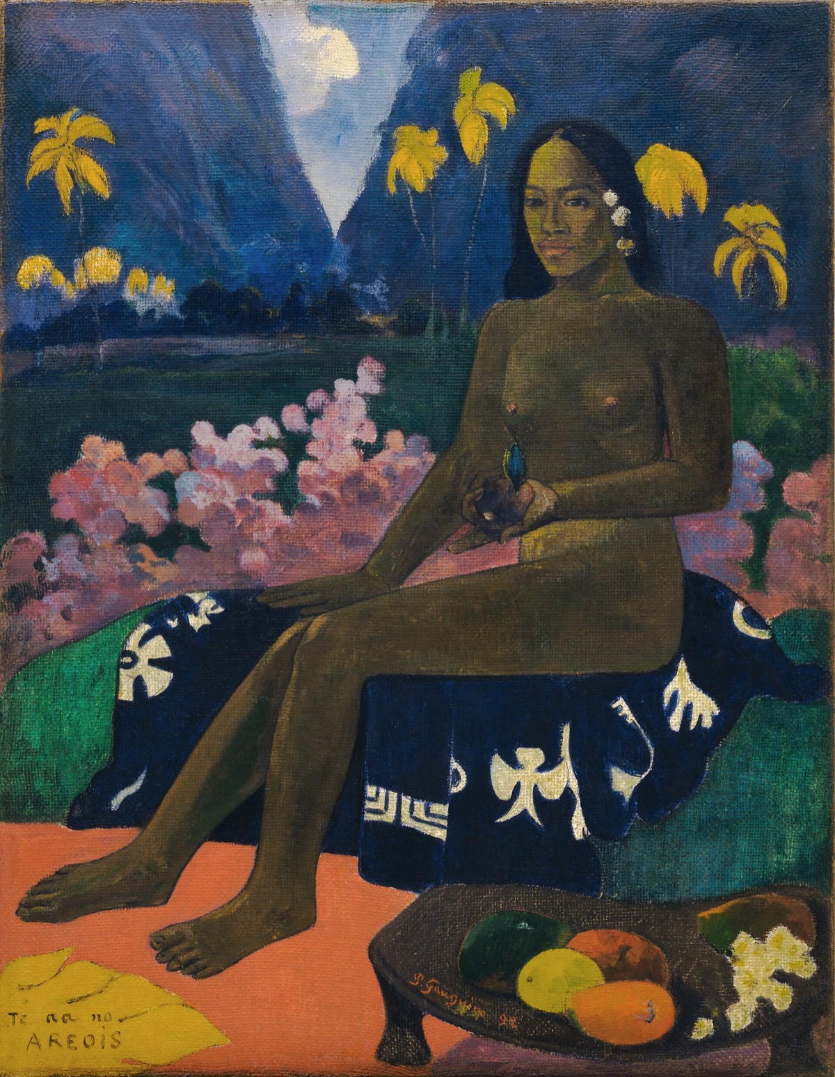 The Seed of the Areoi, by Gauguin: a young Tahitian woman sits on a blue and white cloth with a sprouting seed in her hand.