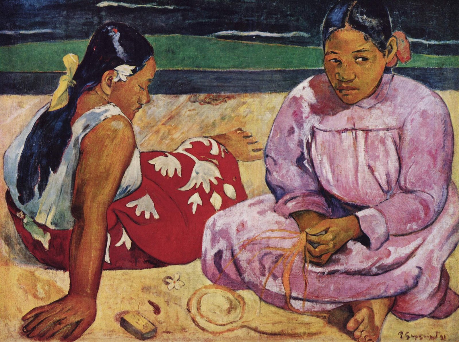 Tahitian Women on the Beach, by Gauguin: two women seated on the sand, one in a pink dress.