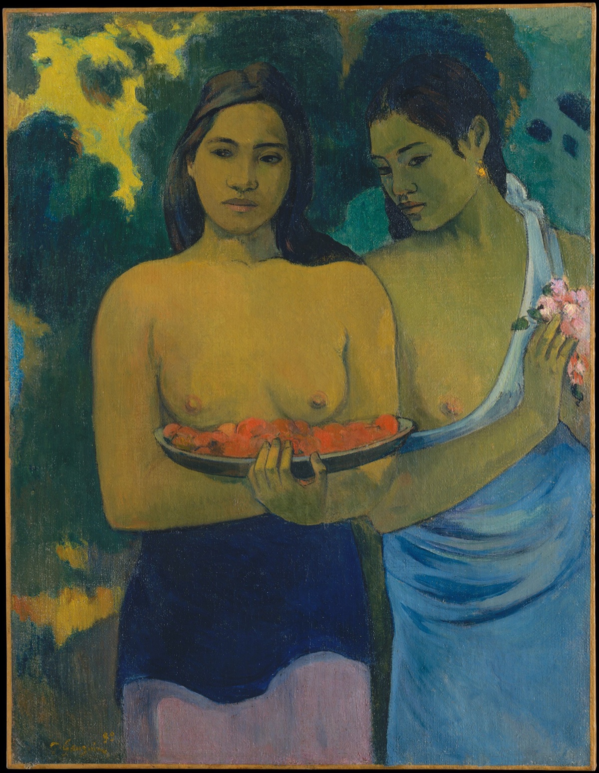 Two Tahitian Women, by Gauguin: two women stand side by side, one holding a dish of blossom.