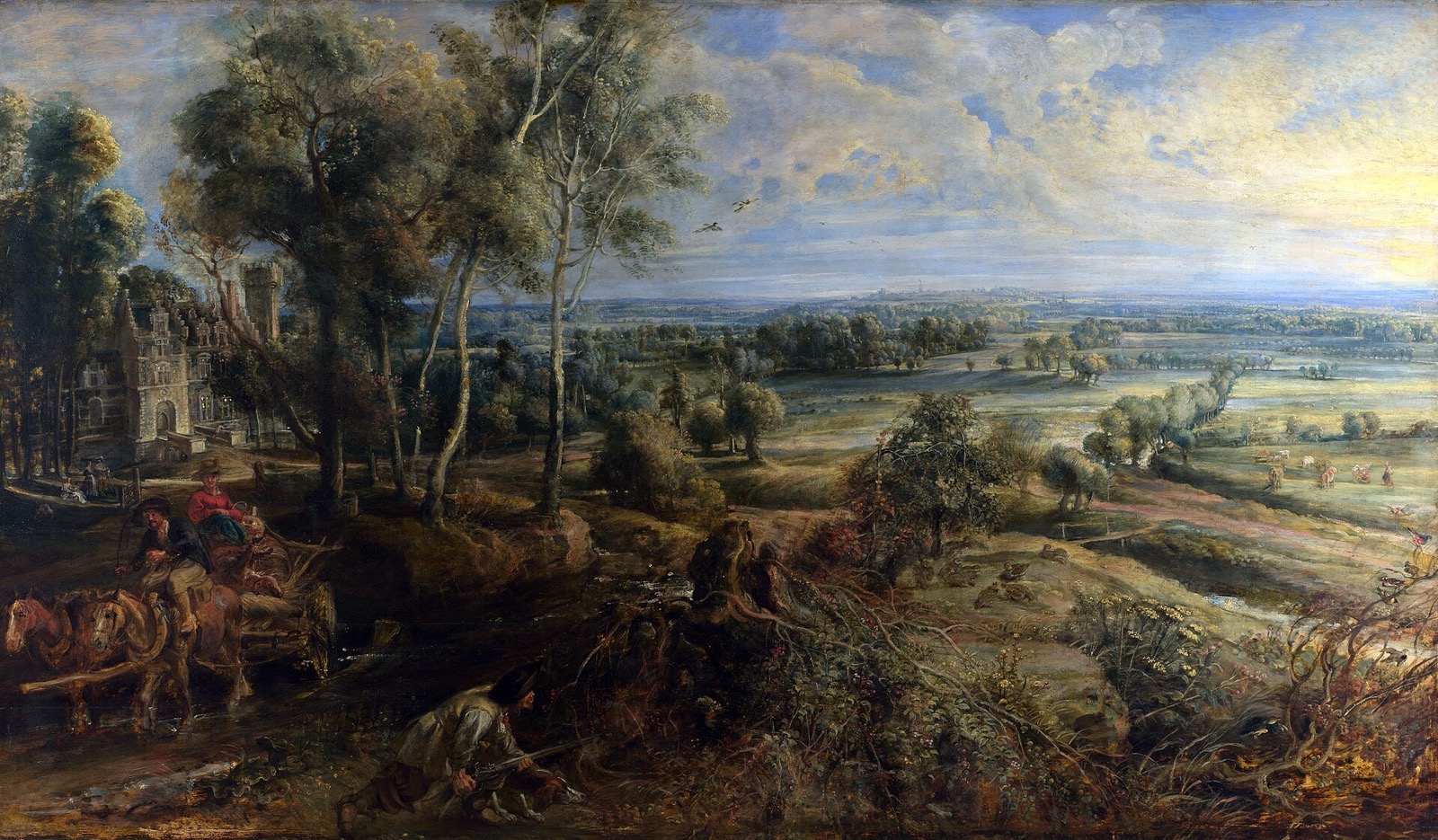 A View of Het Steen in the Early Morning, by Rubens: a manor house among trees and flat fields running to a low sun.