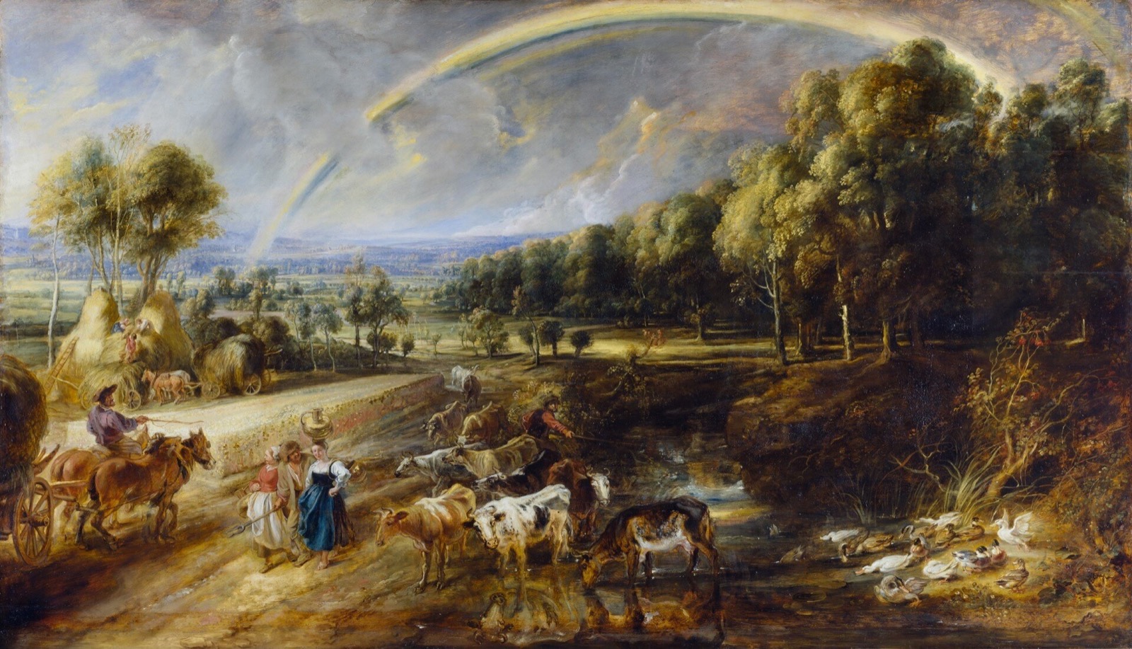 The Rainbow Landscape, by Rubens: haymakers, cattle and ducks in flat country after rain, under a rainbow.