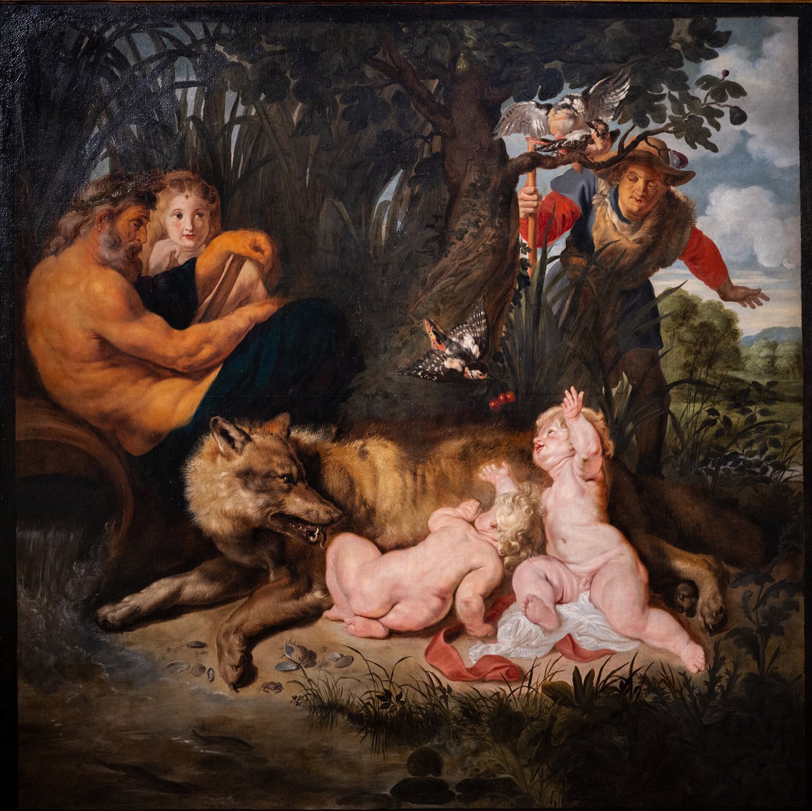Romulus and Remus by Rubens: the twins with the she-wolf under a fig tree, watched by a river god and a shepherd.