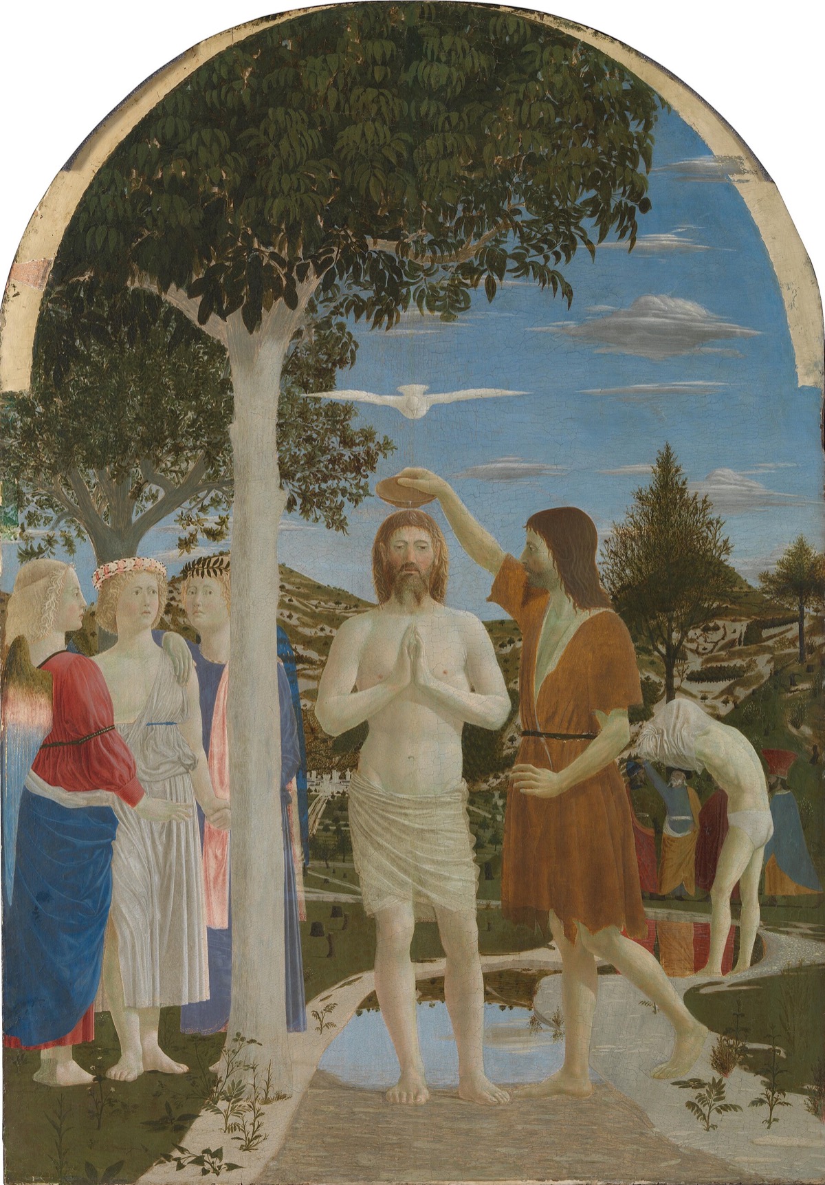 The Baptism of Christ, by Piero della Francesca: Christ stands in a stream under a tree while John pours water over his head.