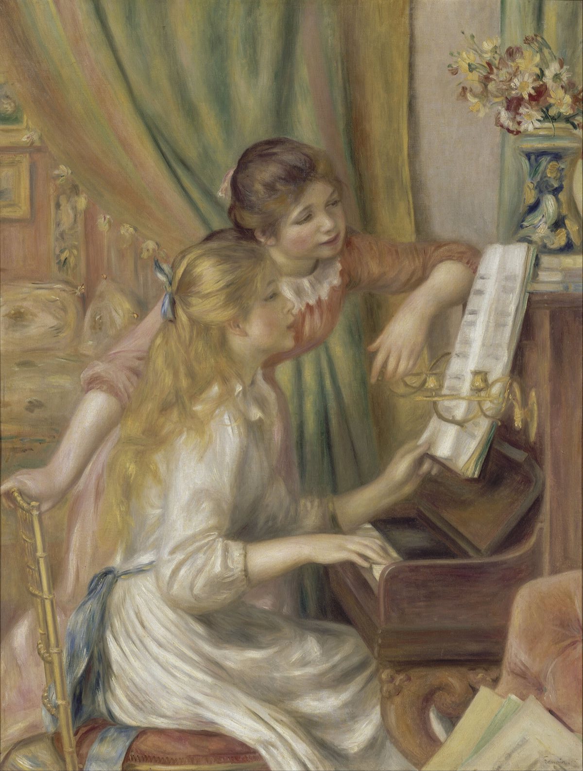 Young Girls at the Piano, by Renoir: two girls reading music at an upright piano.