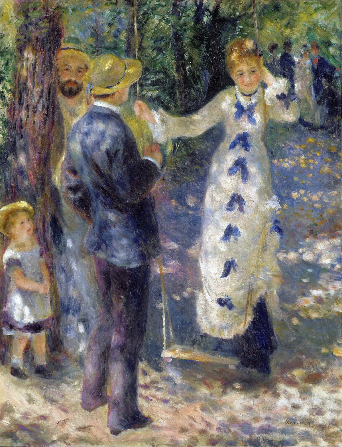 The Swing, by Renoir: a woman in a white dress on a swing, in dappled sunlight.