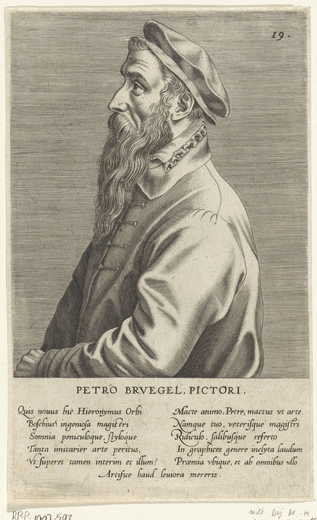 A portrait of Pieter Bruegel the Elder in profile, with a long beard, in an engraving of 1572.