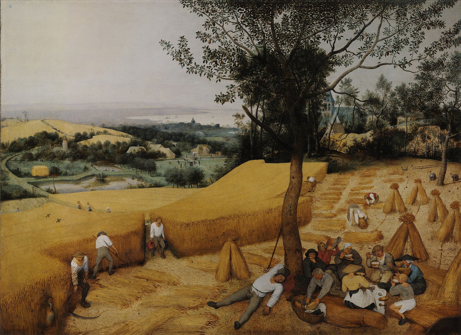 The Harvesters, by Pieter Bruegel the Elder: men cut wheat while others eat and sleep under a tree, with a wide landscape falling away to the sea.