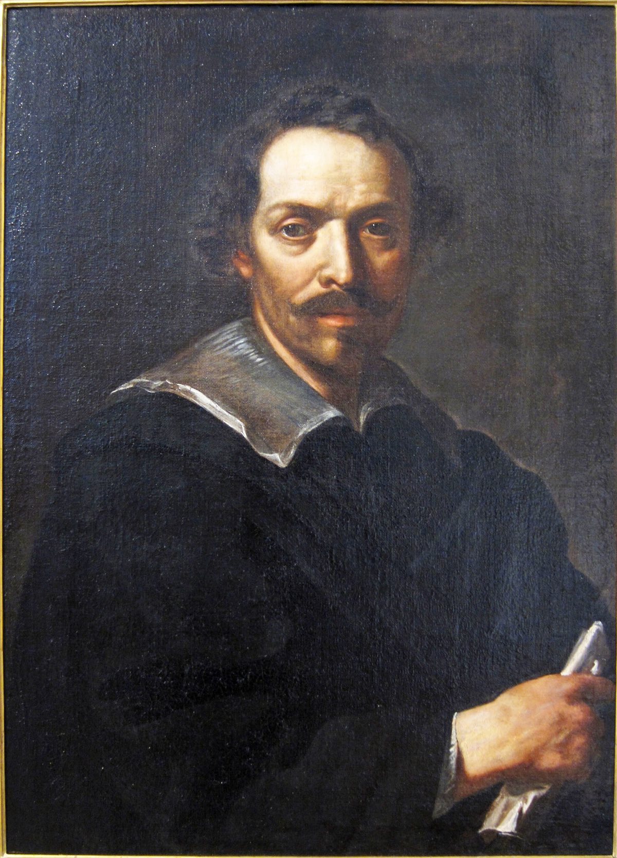 A self-portrait of Pietro da Cortona, a grey-haired man in black.