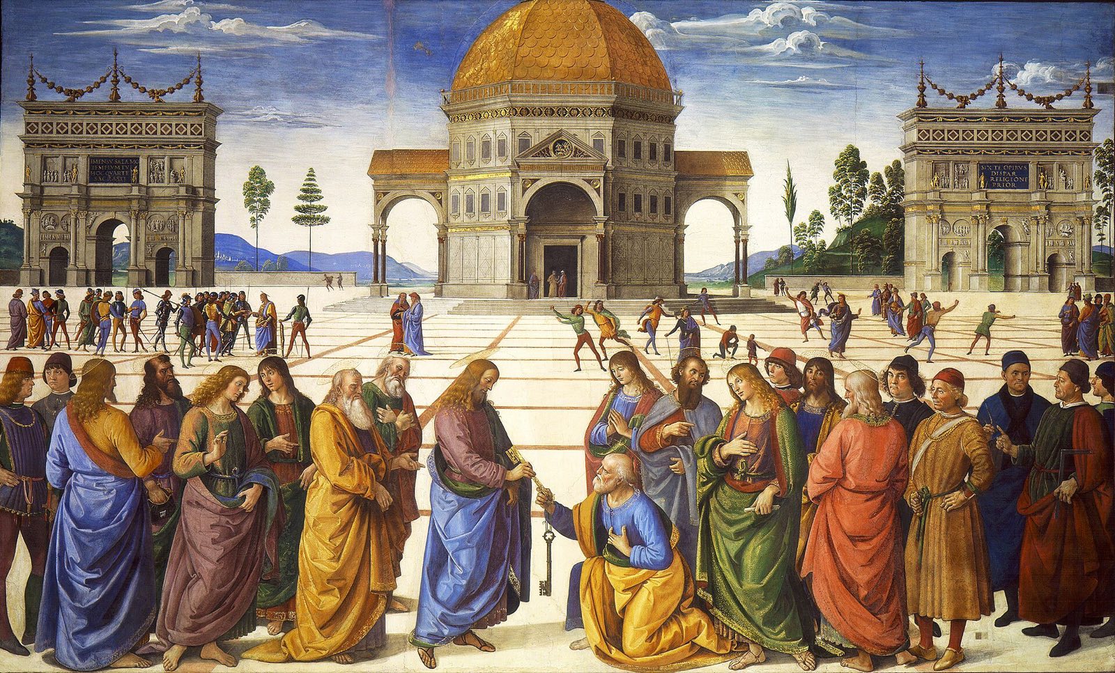 The Delivery of the Keys by Perugino: Christ hands the keys to the kneeling St Peter in a wide square with a domed temple.