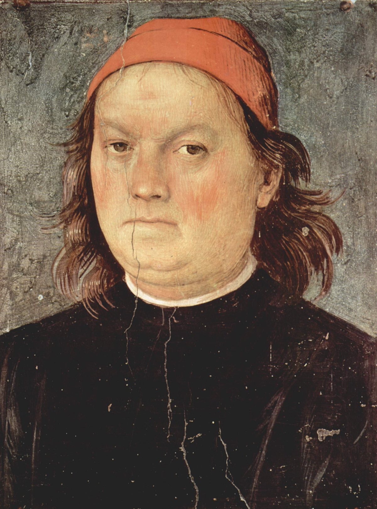 A self-portrait of Perugino, a heavy-faced man in a red cap and black coat.