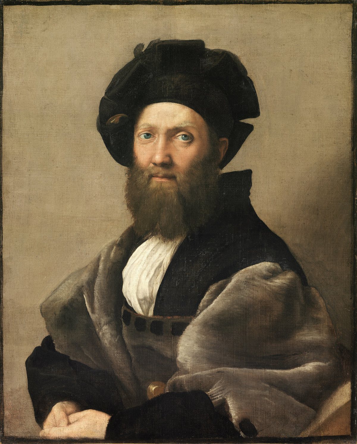Portrait of Baldassare Castiglione, by Raphael: a bearded man in grey fur and a black hat.