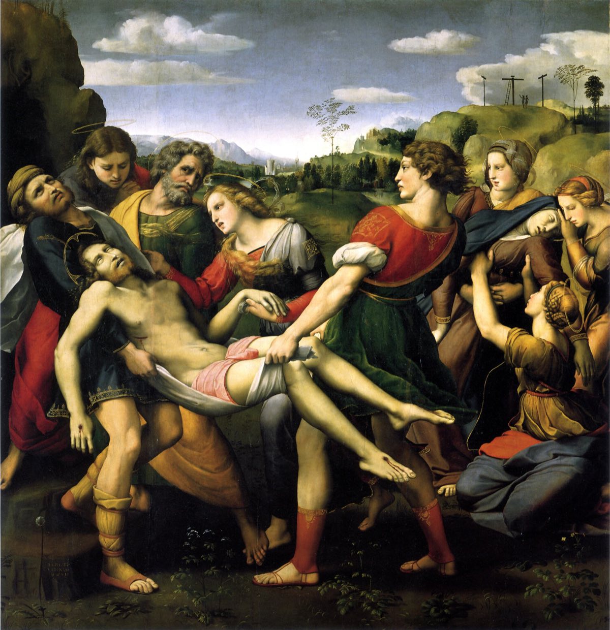 The Deposition by Raphael: the body of Christ carried by two men, with the mourning women behind.